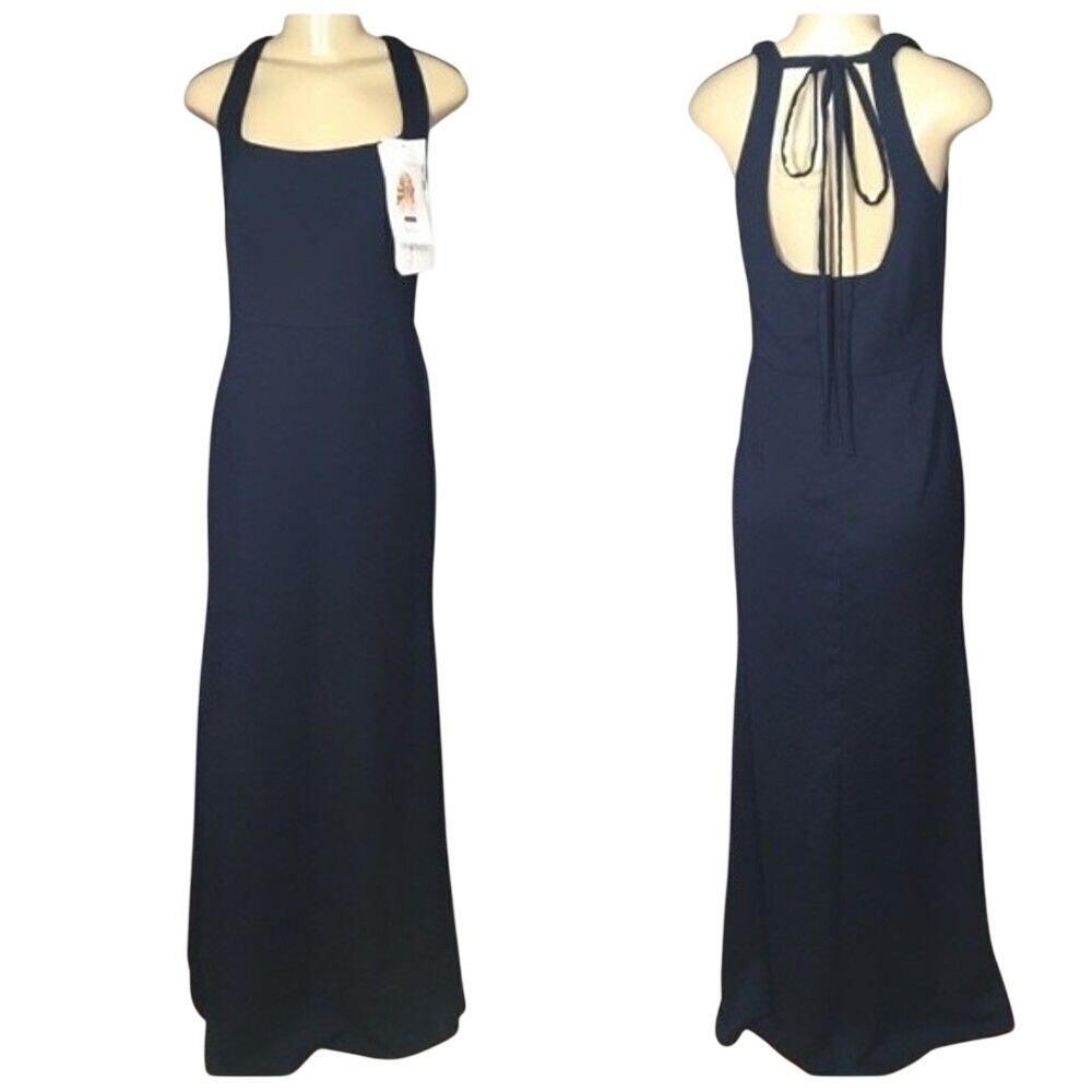 NWT Hayley Paige Occasions Gown Women Size 8 Indigo Blue Open Tie Back Crepe